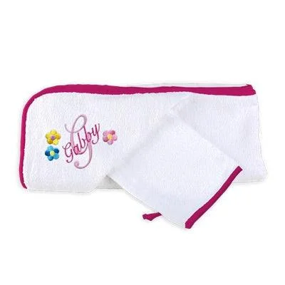 Personalized Basic Hooded Towel & Wash Mitt Set with Flowers and Initial