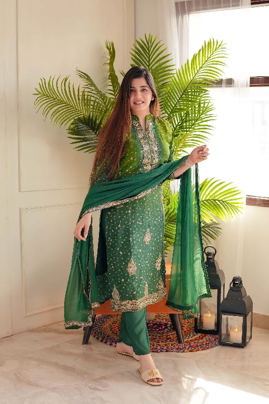 Pratha Green Printed Silk Suit