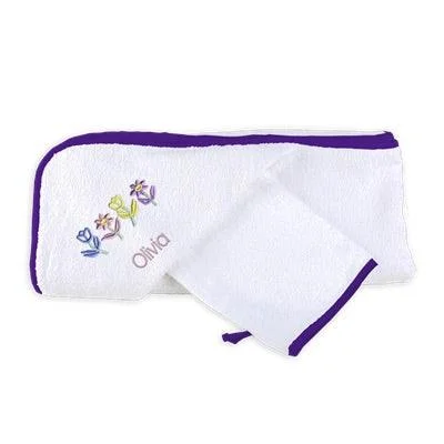 Personalized Basic Hooded Towel & Wash Mitt Set with Flowers