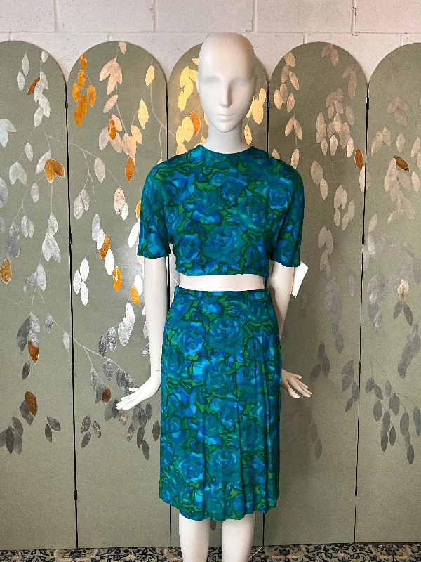 Vintage 1960s Blue Green Abstract Floral Skirt Set, XS