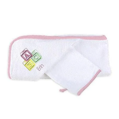 Personalized Basic Hooded Towel & Wash Mitt Set with ABC Blocks Pastel