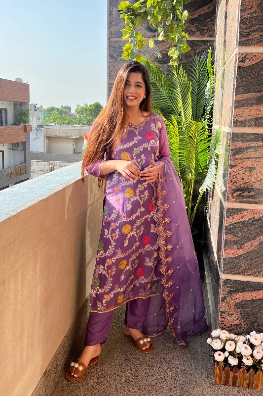 Nehel Purple Brocade Suit Set