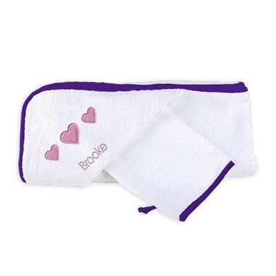 Personalized Basic Hooded Towel & Wash Mitt Set with Three Hearts