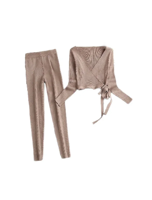 Wrap Top And Pants Knit Set