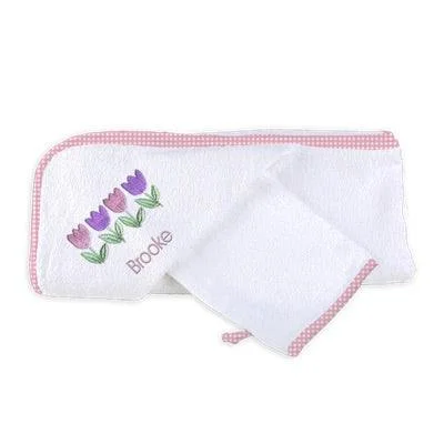 Personalized Basic Hooded Towel & Wash Mitt Set with Four Tulips