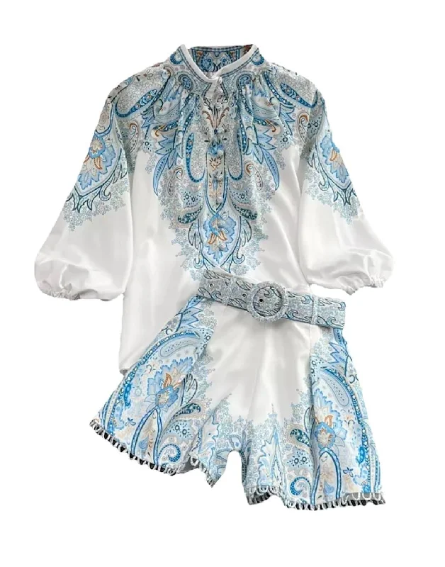 Blue Paisley Print Shirt and Shorts Two Piece Set