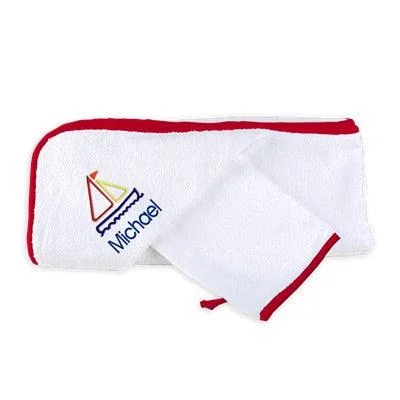 Personalized Basic Hooded Towel & Wash Mitt Set with Sailboat