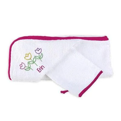 Personalized Basic Hooded Towel & Wash Mitt Set with Three Tulips