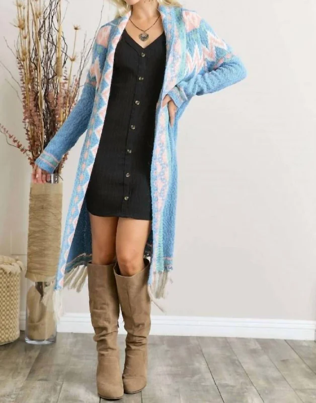 Pastel Tassel Tribal Cardigan In Sky Blue