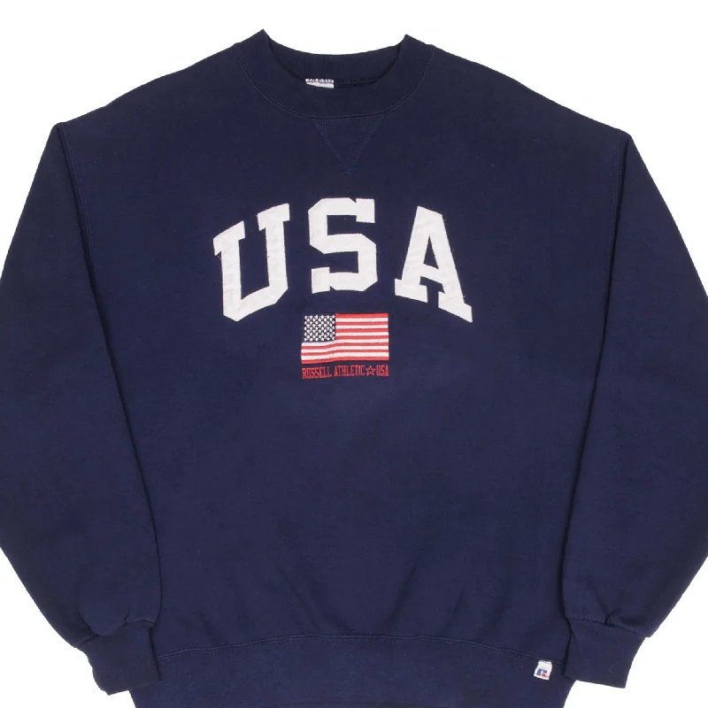 VINTAGE RUSSELL ATHLETIC USA FLAG NAVY BLUE SWEATSHIRT 1990S LARGE MADE IN USA