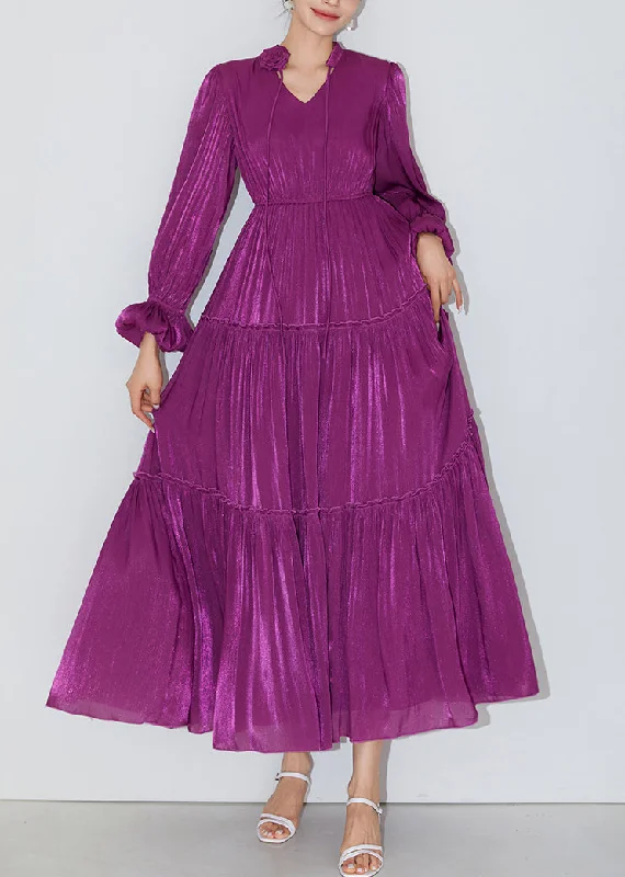 Italian Purple Ruffled Elastic Waist Silk Long Dresses Butterfly Sleeve