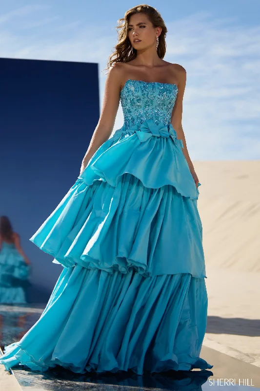 Sherri Hill 56838 Taffeta Tiered Ruffle Ball Gown with Strapless Beaded Bodice