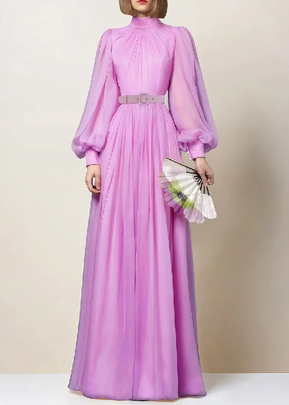 Elegant Pink Zippered Wrinkled Chiffon Maxi Dresses Fall