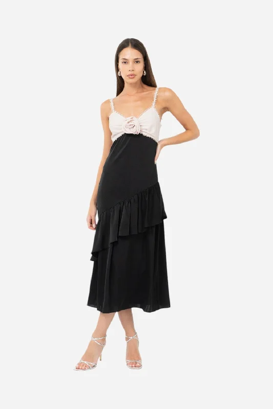 Adelyn Rae Zadie Asymmetrical Ruffle Midi Dress