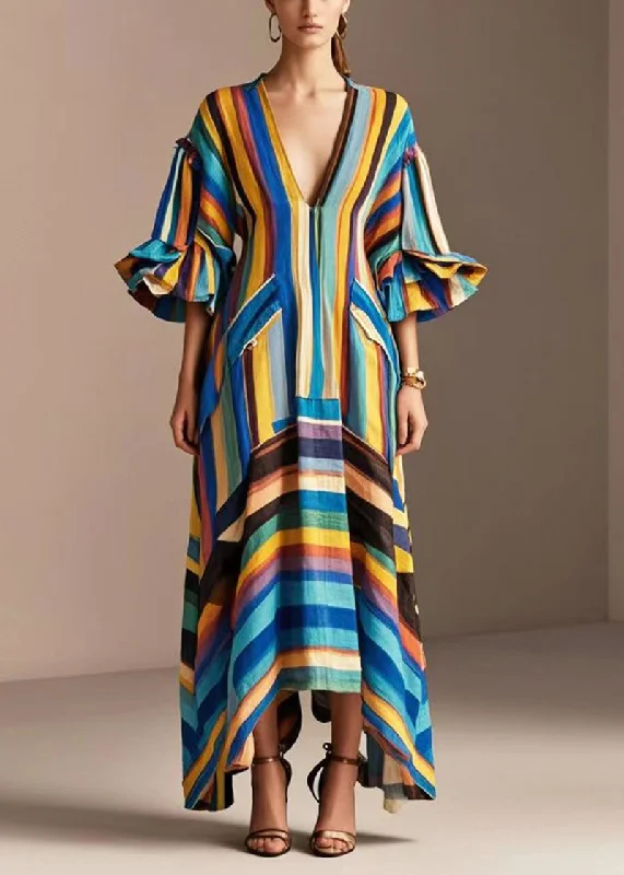 Modern Rainbow V Neck Striped Cotton Maxi Dresses Petal Sleeve