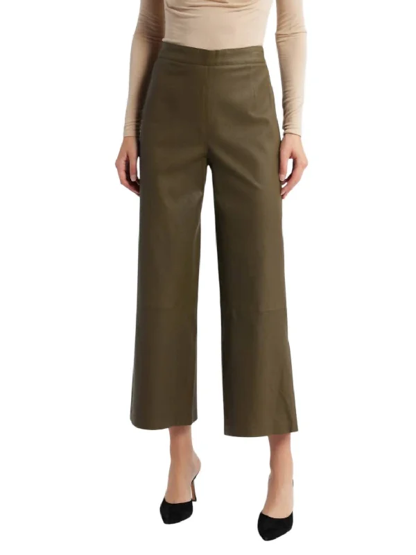 Cropped Leather Wide Leg In Rich Military