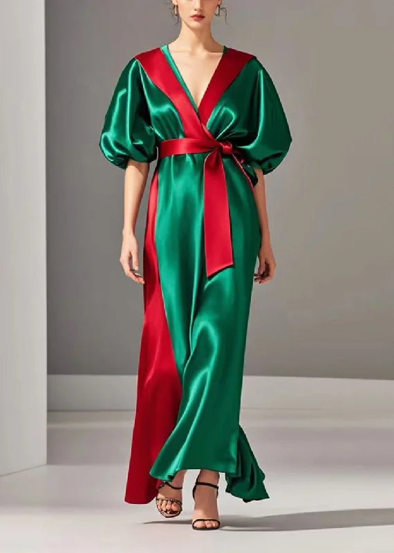 Boutique Green Puff Sleeve Patchwork Silk Robe Cinched Dresses