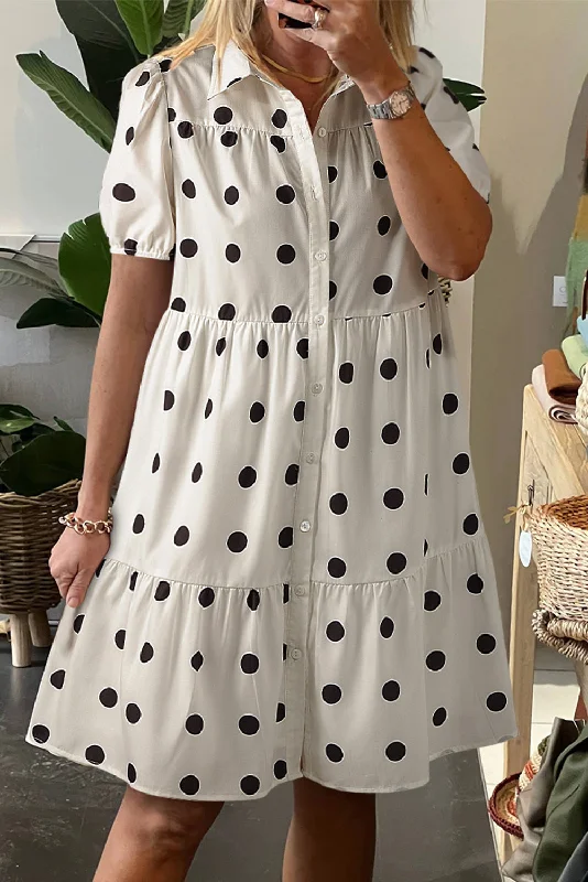 White Polka Dot Print Short Sleeve Buttoned Tiered Babydoll Dress