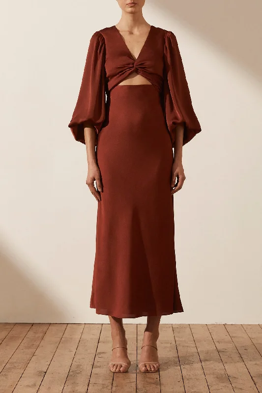 LUXE TWIST FRONT BALLOON SLEEVE MIDI DRESS - SANGRIA