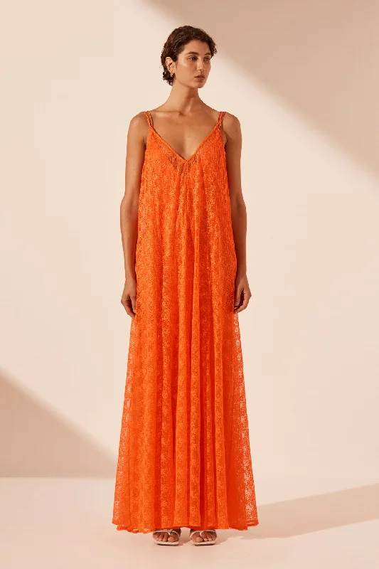 SOL LACE PLUNGED MAXI DRESS - FLAME