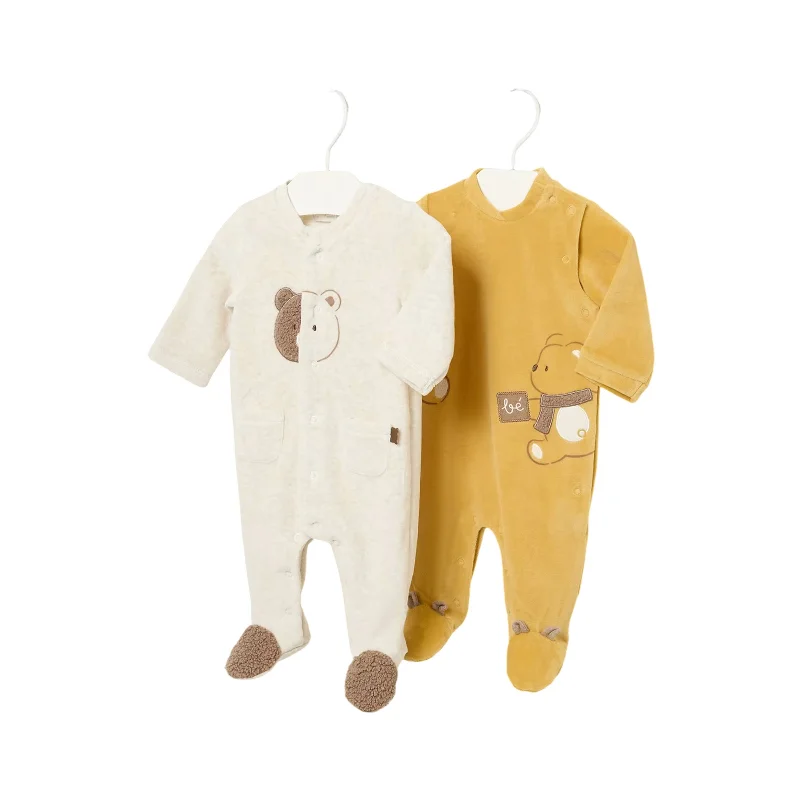 Yellow 2pc Bear Velour Babygrow Set