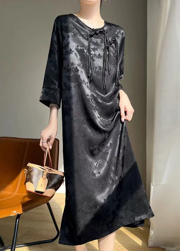 Elegant Black Chinese Button Solid Silk Dresses Fall