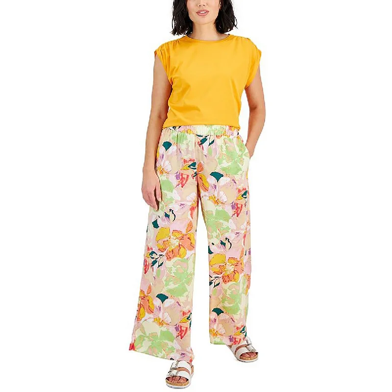 Petites Womens Floral Print Pocket Palazzo Pants