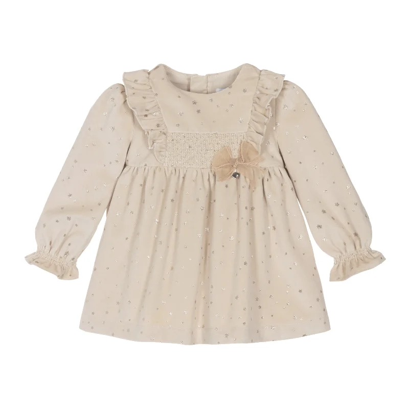 Champagne Ruffle Velvet Smocked Dress