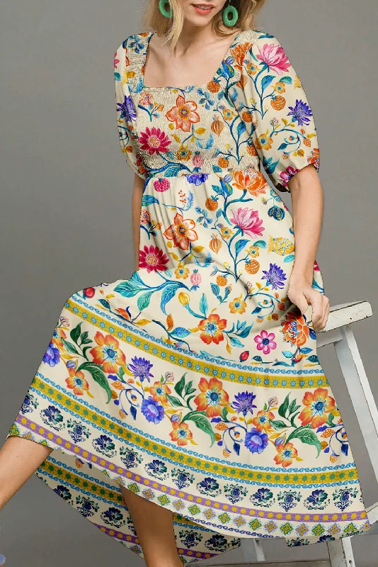 Multicolour Floral Print Smocked Boho Maxi Dress