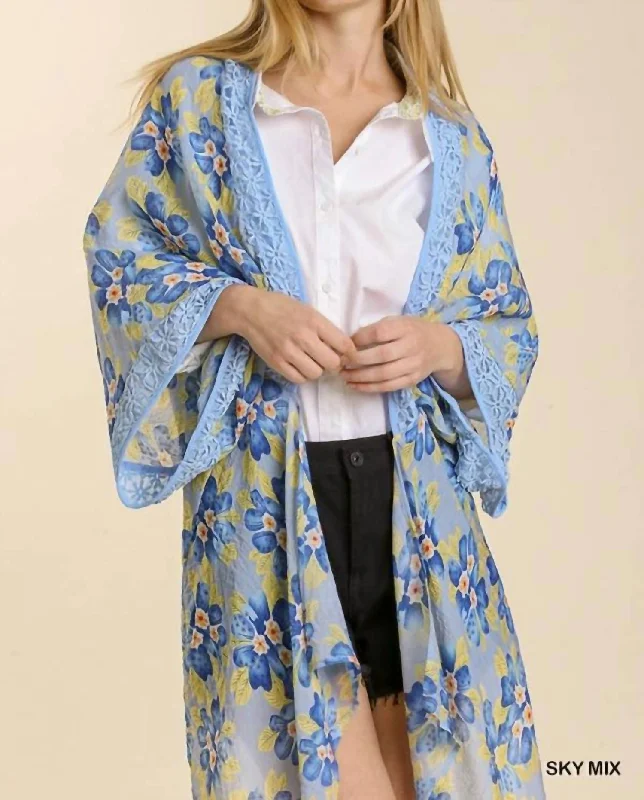 Sheer Floral Print Open Front Kimono With Crochet Detail In Sky