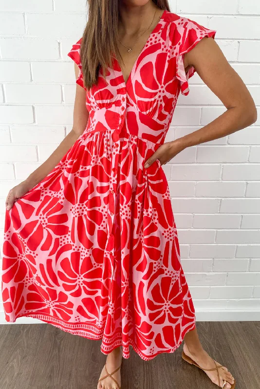 Red Boho Floral V-Neck Ruffle Shoulder Maxi Dress