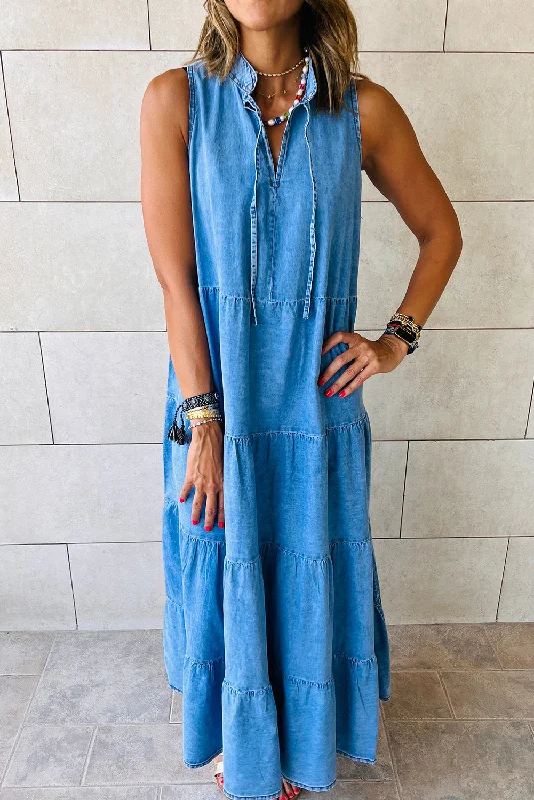 Blue Sleeveless Tiered Chambray Maxi Dress