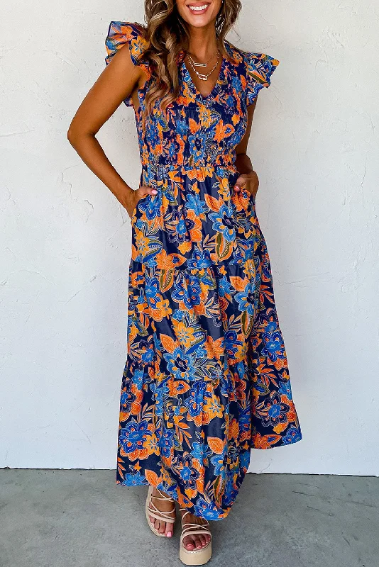 Dark Blue Boho Floral V Neck Ruffle Tiered Long Dress