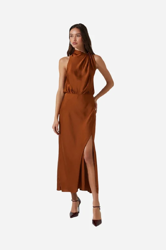 ASTR Jelyn Satin Midi Dress in Bronze