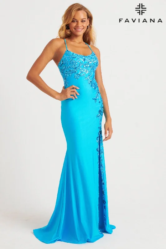 Faviana 11017 Scoop Neck Gown With Sequin Applique And Lace-Up Back