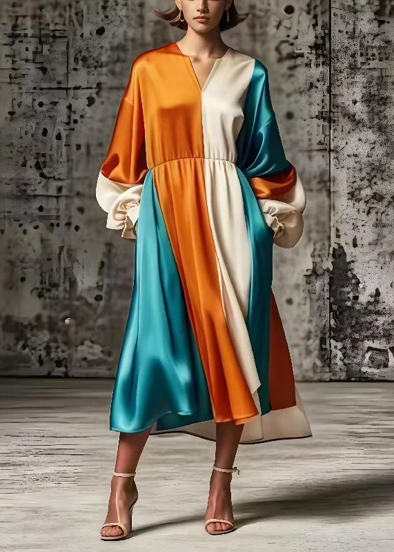 Plus Size Orange Oversized Patchwork Silk Vacation Dresses Spring