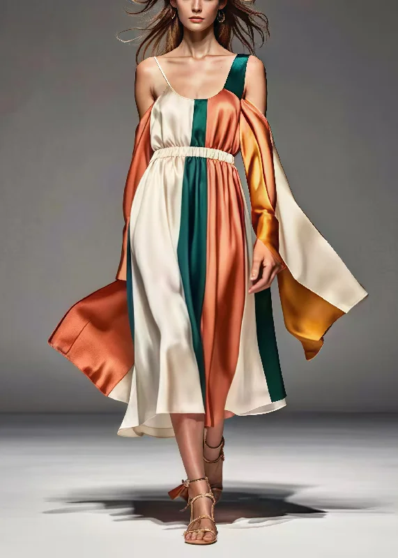 Organic Colorblock Asymmetrical Patchwork Silk Robe Dresses Summer