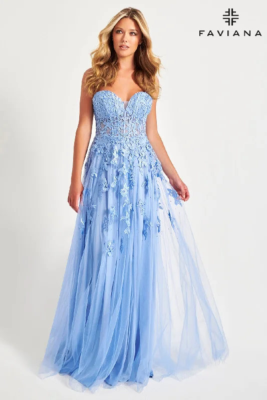 Faviana S10814 Long Tulle Prom Dress With Corset Bodice And Lace Appliqué