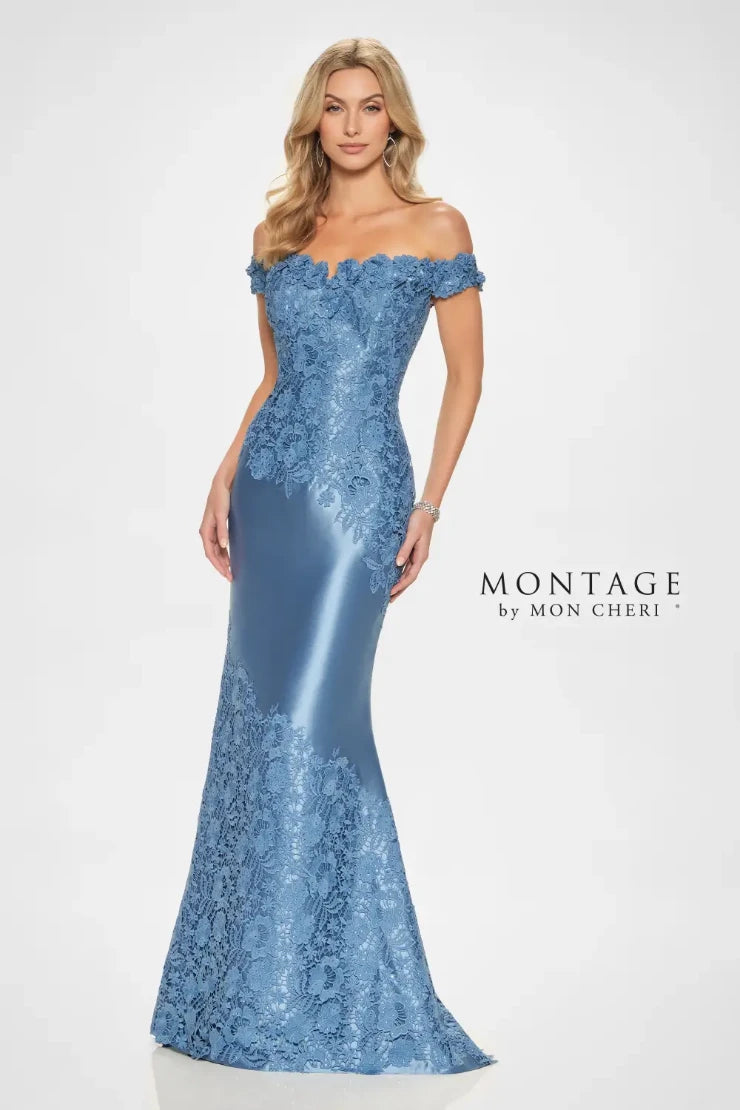 Montage M846 Off-the-Shoulder Mikado Gown w/ Lace Applique