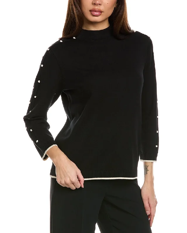 St. John Bobble Intarsia Pointelle Knit Mock Neck Sweater