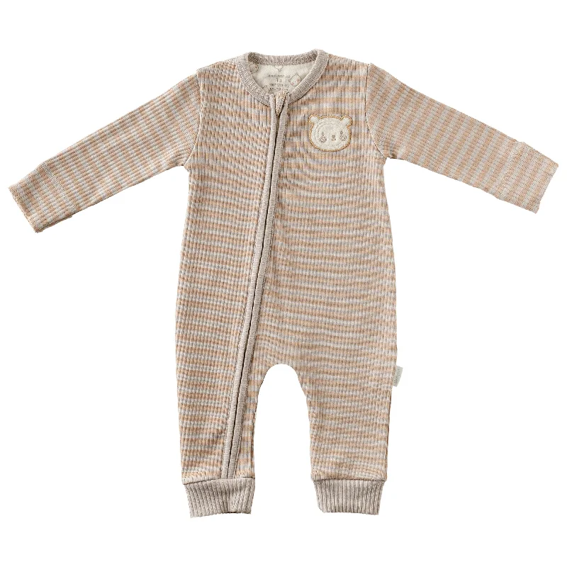 Beige Striped Bear Zip Romper