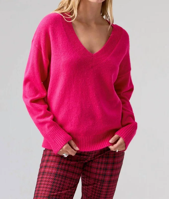 Easy Breezy V Neck Pullover In Flash Pink