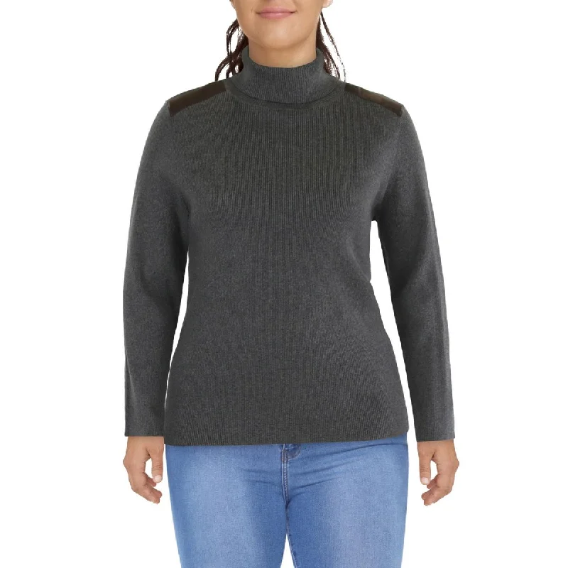 Plus Womens Faux Leather Trim Long Sleeves Turtleneck Sweater