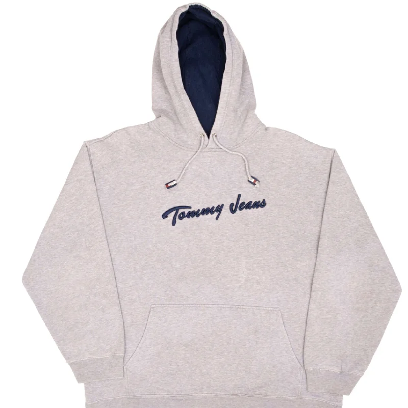 VINTAGE TOMMY HILFIGER JEANS EMBROIDERED GREY HOODIE SWEATSHIRT SIZE LARGE