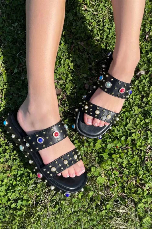 Azalea Wang Rajah Rhinestone Studded Flatform Slide Sandals for Women in Black | RAJAH1-BLACK