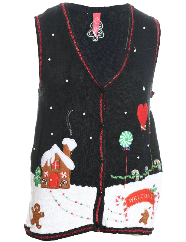 Black Appliqued Christmas Vest - M