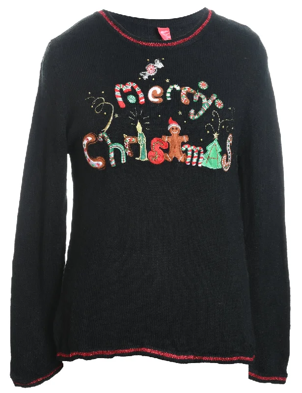 Black Embroidered Christmas Jumper - M