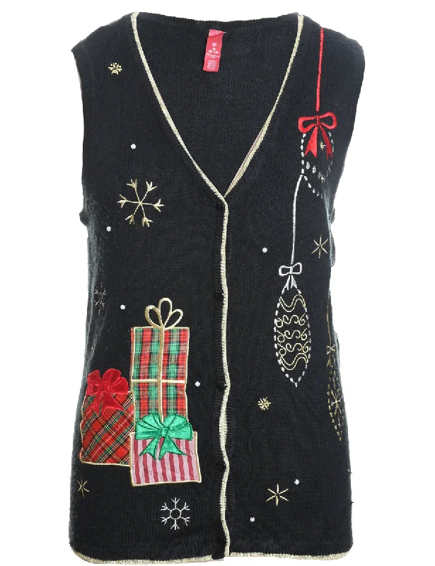 Black Embroidered Present Design Christmas Vest - M