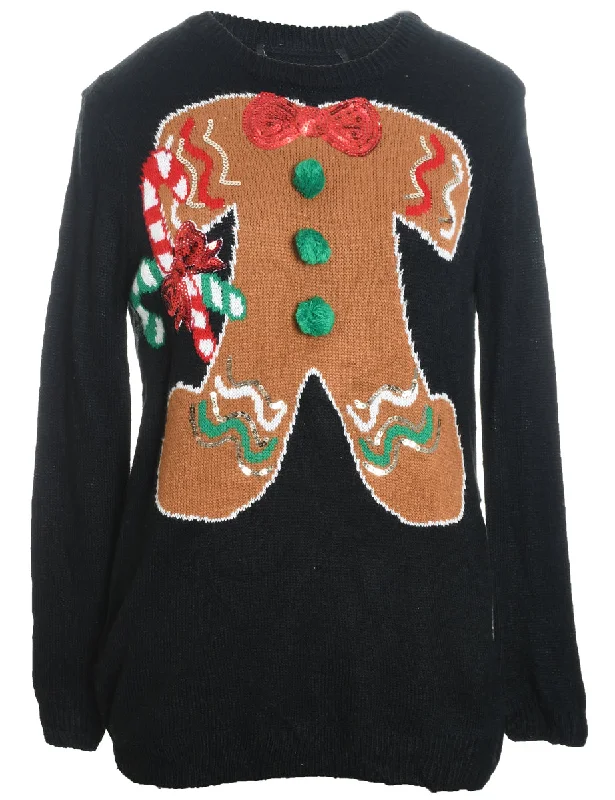 Black Gingerbread Design Christmas Jumper - M