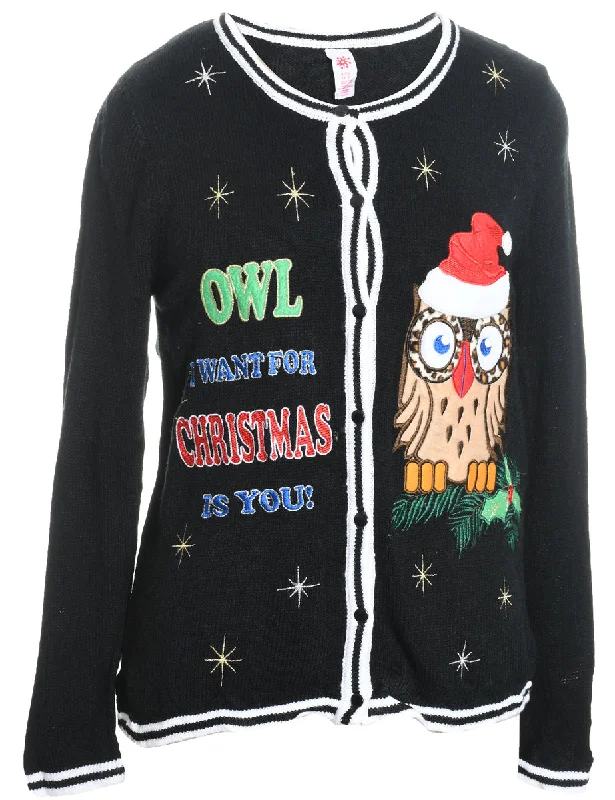 Black Knit Owl Design Christmas Cardigan - S